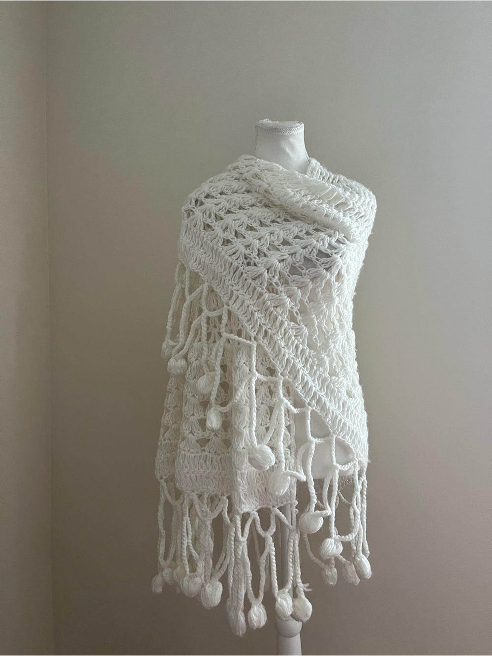 Handmade Cream Crochet Poncho with Fringe